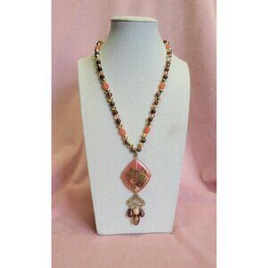 Pink Peachy Faceted Beaded Dangle Pendant Necklace N1F